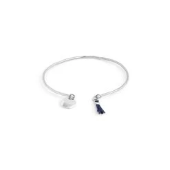 Jonc Fin Martelé Mini Breloque Et Mini Pompon Argent Massif (gravure Manuelle)