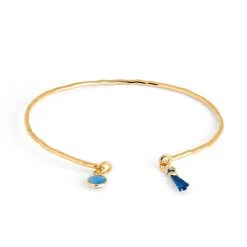 Jonc Fin Martelé Petite Pierre Sertie Et Mini Pompon Plaqué Or