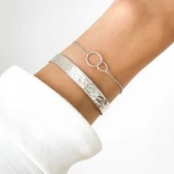 Duo Jonc Large Martelé Et Bracelet Duo D'anneaux Argent Massif