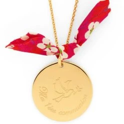 Collier Grande Médaille Colombe Et Prénom Sur Chaîne Plaqué Or (gravure Joaillier) - 2.7cm -Atelier de Famille Soldes col grde med colomb communion ch po 1988 1200 2