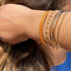 Trio Jonc 3 Rangs Perlés Et Martelés, Bracelet Pampilles Et Jonc Galon Et Perles