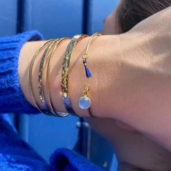 Jonc Fin Martelé Petite Pierre Sertie Et Mini Pompon Plaqué Or -Atelier de Famille Soldes compo bleu 3