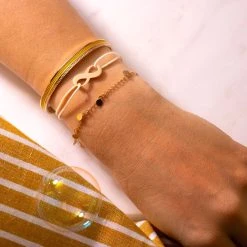 Trio Jonc Galon Et Perles, Bracelet Paillettes, Et Mini Infini Sur Coton Fin Plaqué Or