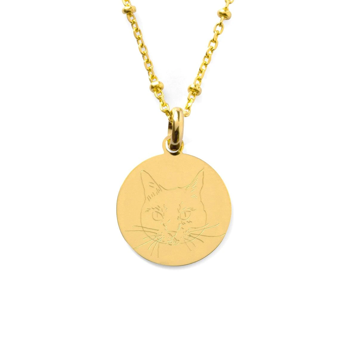 Collier médaille dessin gravé et chaîne perlée Collier Médaille Dessin Gravé Et Chaîne Perlée -Atelier de Famille Soldes gravure dessin chat